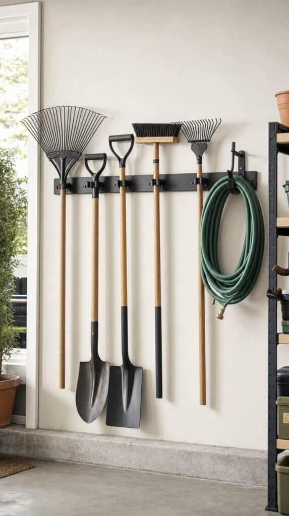 Wall mounted rack in a garage holding rakes, shovels and brooms with a coiled hose
