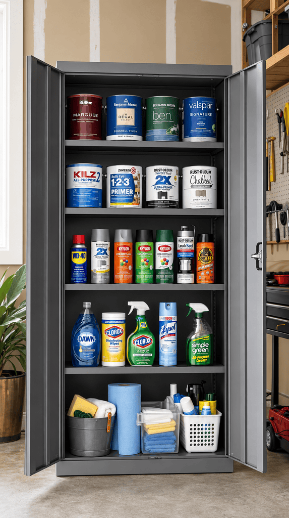 Metal storage cabinet in a garage with open doors showing paint cans and cleaning supplies on shelves