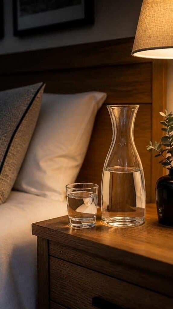 Glass water carafe and drinking glass on a guest bedroom nightstand