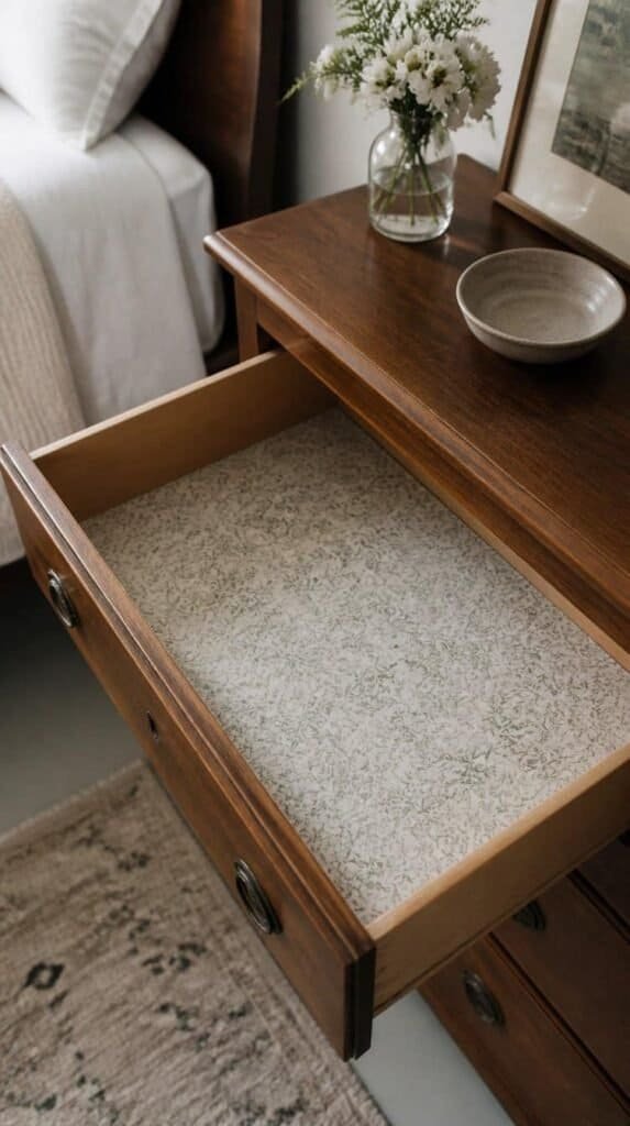 Open empty dresser drawer with drawer liner in a guest bedroom