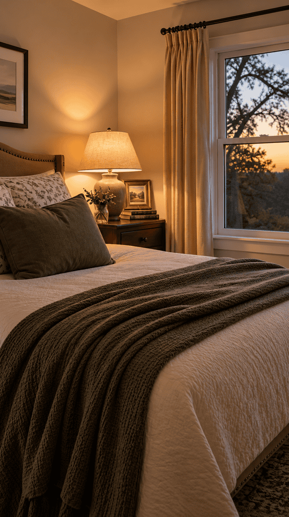 Soft warm ambient lighting from a table lamp in a guest bedroom