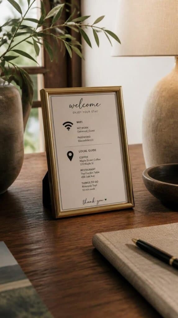 Printed wifi and local guide card on a guest bedroom desk