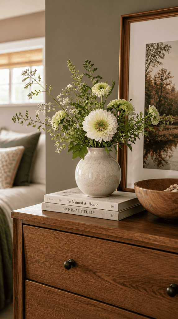 Small vase of fresh flowers or greenery on a guest bedroom dresser
