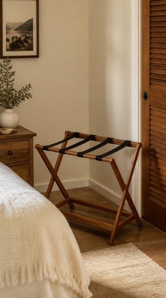 Folding wood luggage rack in a guest bedroom corner