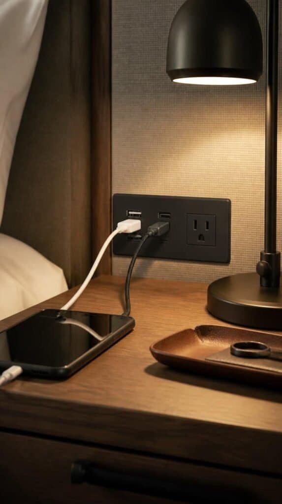 Bedside charging station with phone and cables on a nightstand