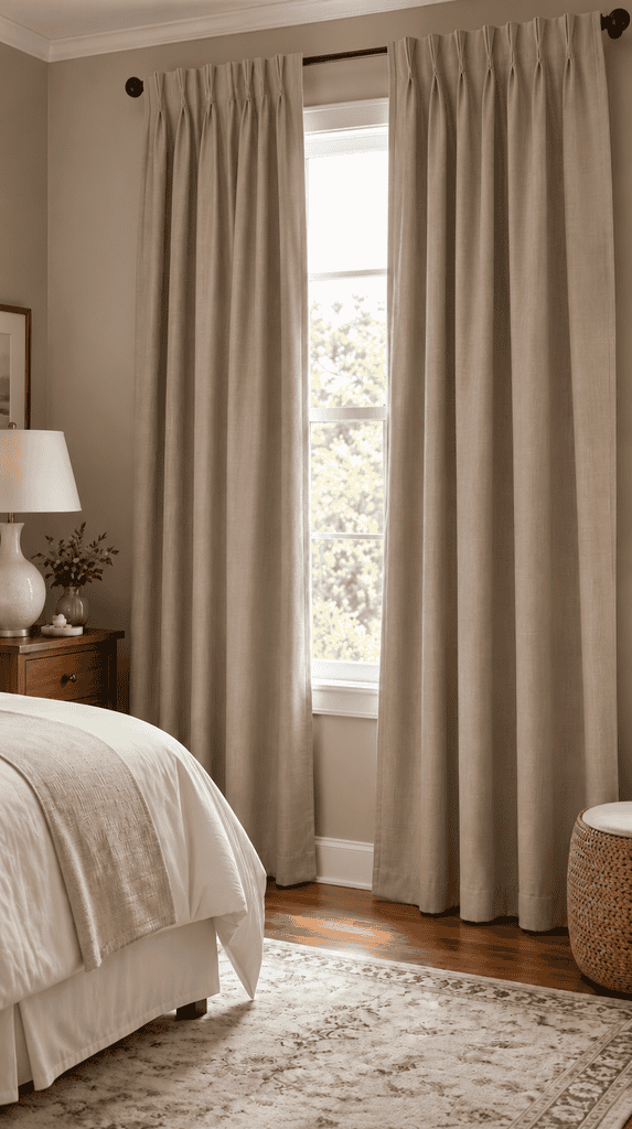 Blackout curtains hung in a guest bedroom window