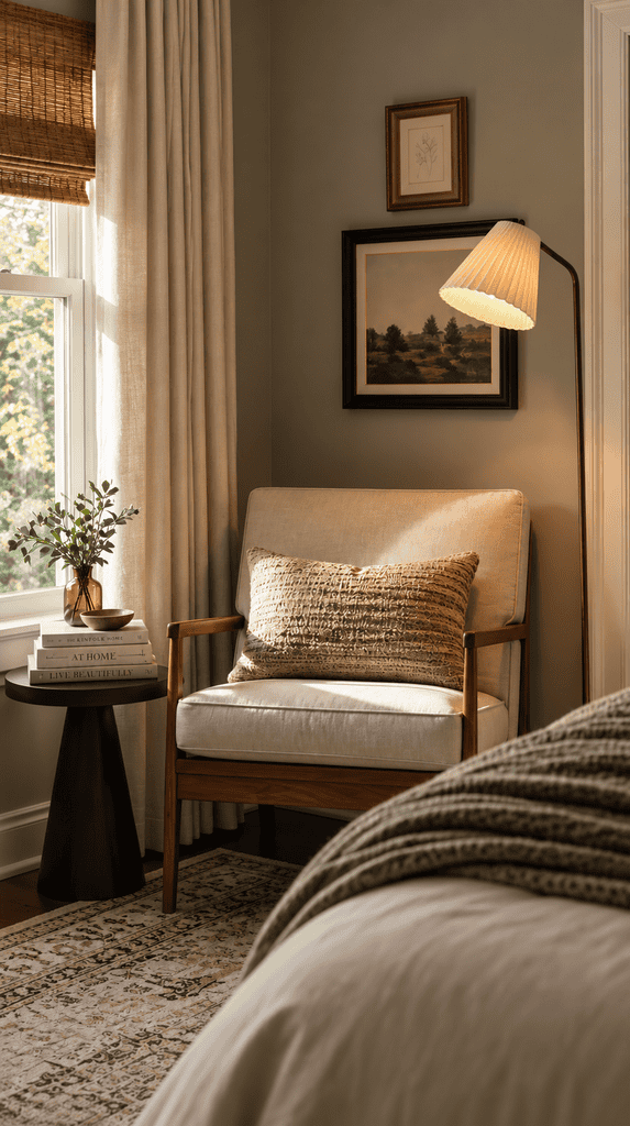 Small cozy reading nook corner in a guest bedroom with chair and lamp