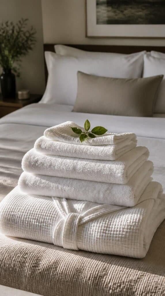 Fresh folded towels and robe stacked on a guest bed
