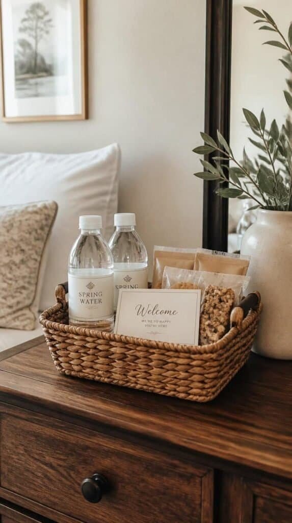 Small welcome basket with snacks and water on a guest room dresser