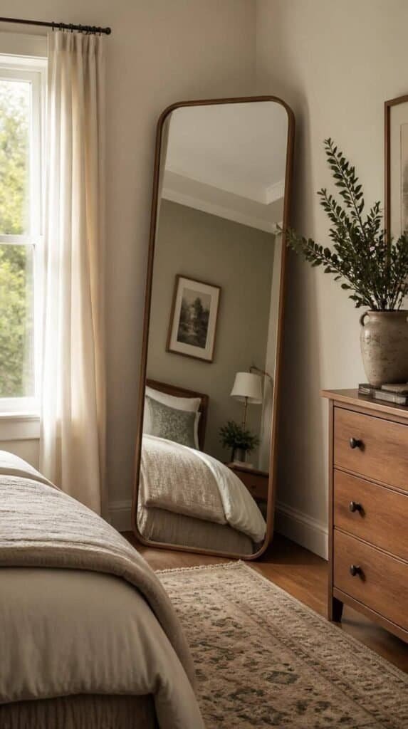 Full length mirror leaning against a guest bedroom wall