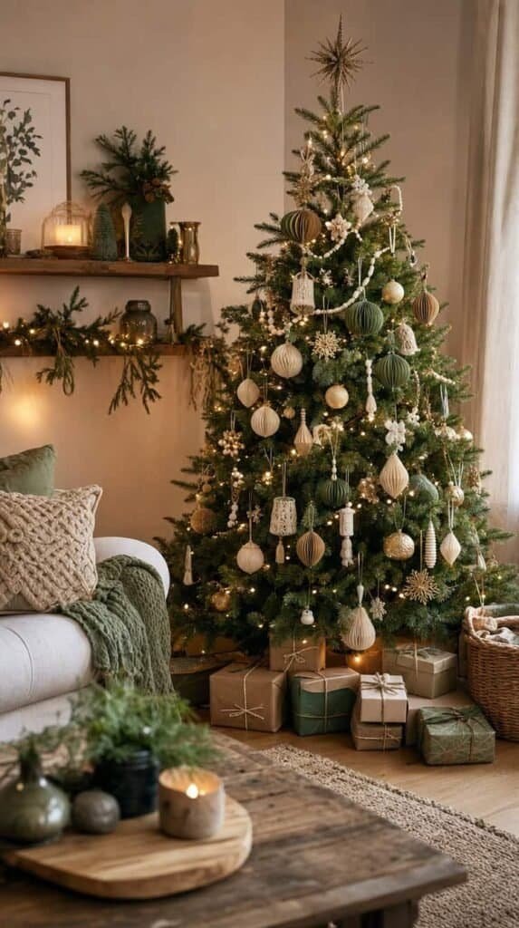 Cozy Christmas tree corner decorated with handmade ornaments in cream, sage, and gold