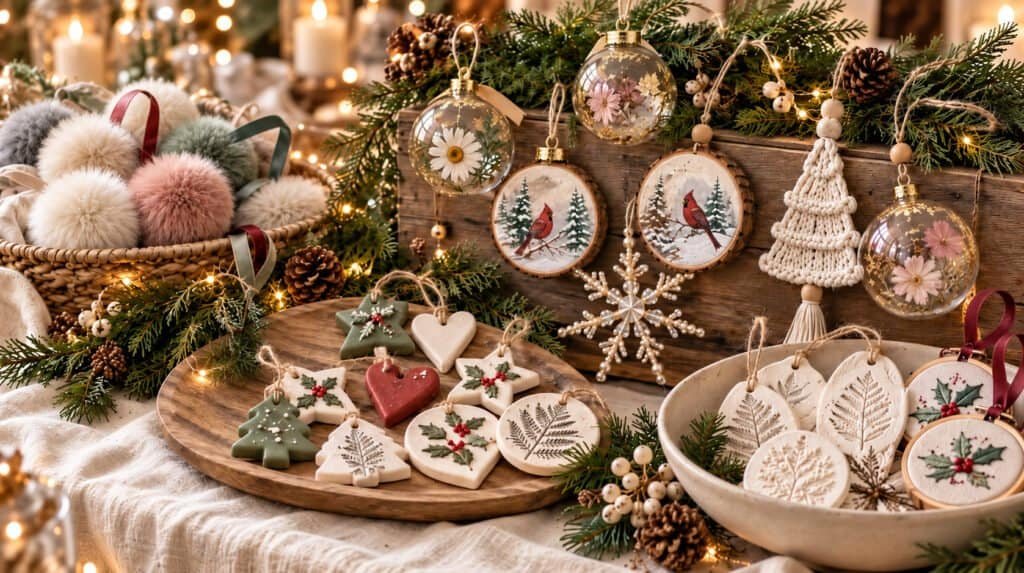 Assortment of handmade Christmas ornaments styled on a rustic winter market table with string lights