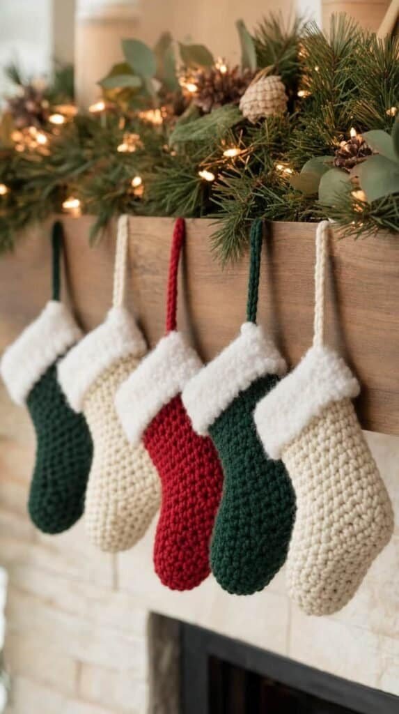 Tiny crochet stocking ornaments in cream, red, and green hanging from a mantel garland