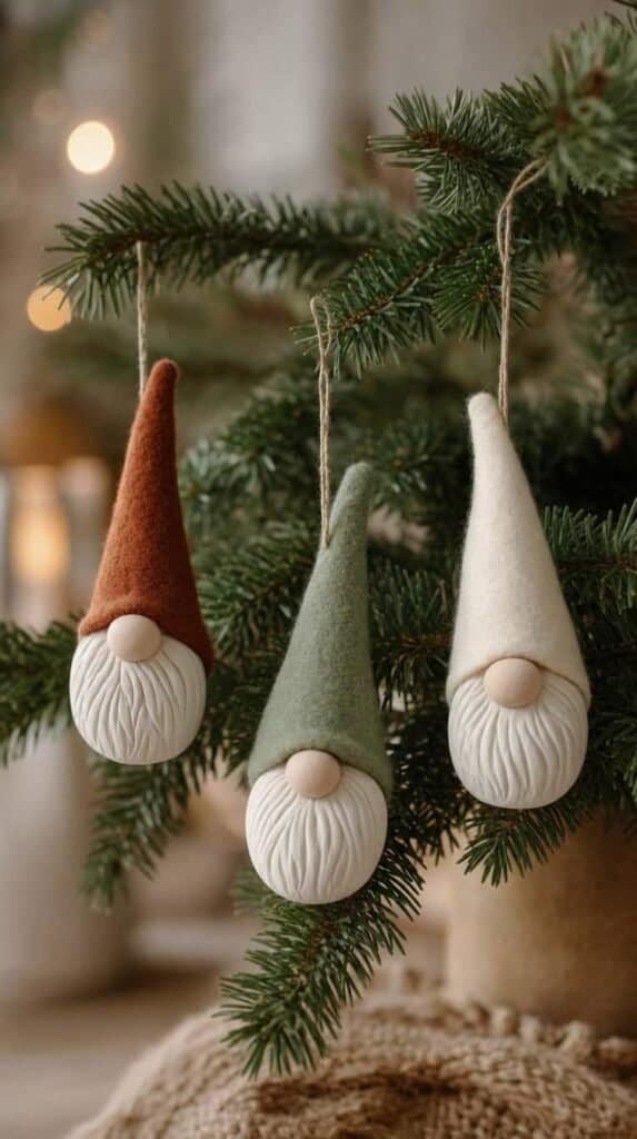 Three polymer clay gnome ornaments with felt hats and fluffy beards on a green branch
