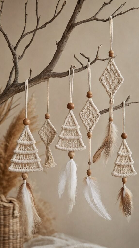 Boho macrame Christmas ornaments with wooden beads and feathers hanging on a bare branch