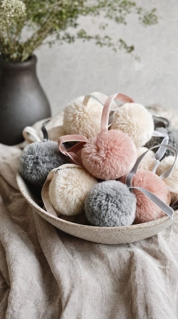 Fluffy ivory, blush, and gray pom pom ornaments on velvet ribbons in a ceramic bowl