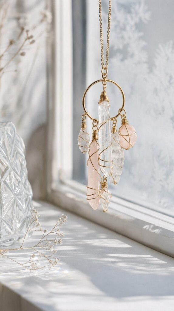 Wire wrapped clear quartz and pink stone ornaments hanging in a frosty window