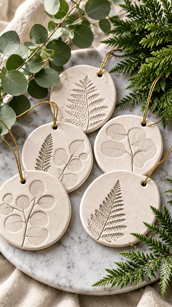 White air dry clay ornaments with fern and eucalyptus leaf imprints on a marble tray