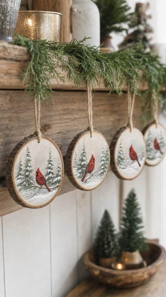 Wood slice ornaments painted with snowy pine trees and red cardinals on a garland