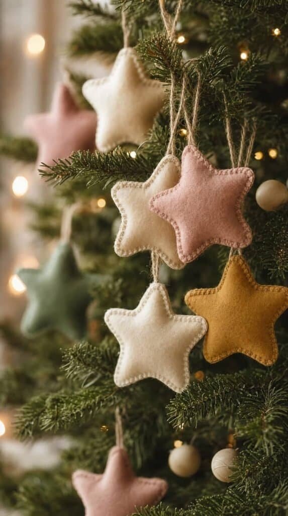 Handmade felt star ornaments in cream, blush, sage, and mustard hanging on a tree branch