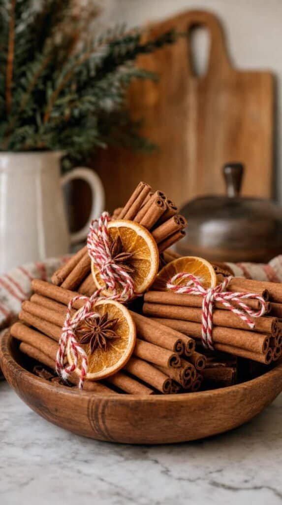 Cinnamon stick bundles tied with red and white twine with dried orange and star anise