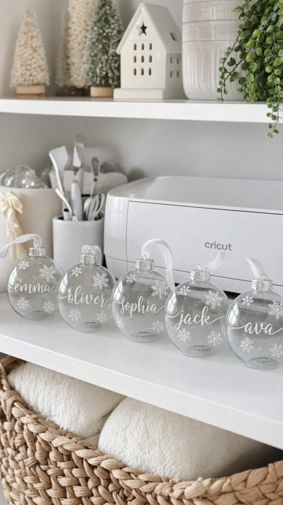 Clear glass bauble ornaments personalized with white vinyl names beside a cutting machine
