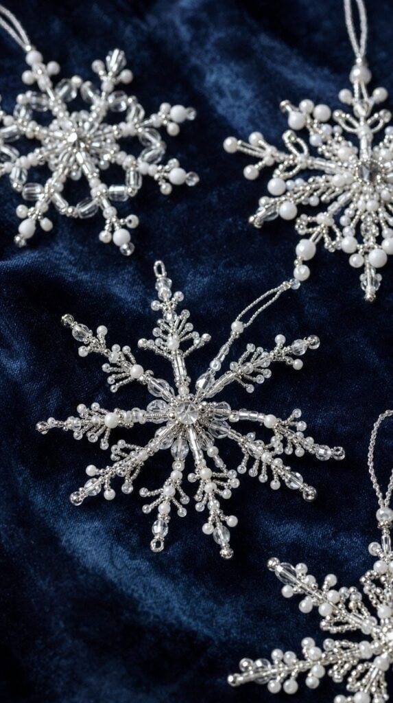 White and silver beaded wire snowflake ornaments sparkling on navy velvet