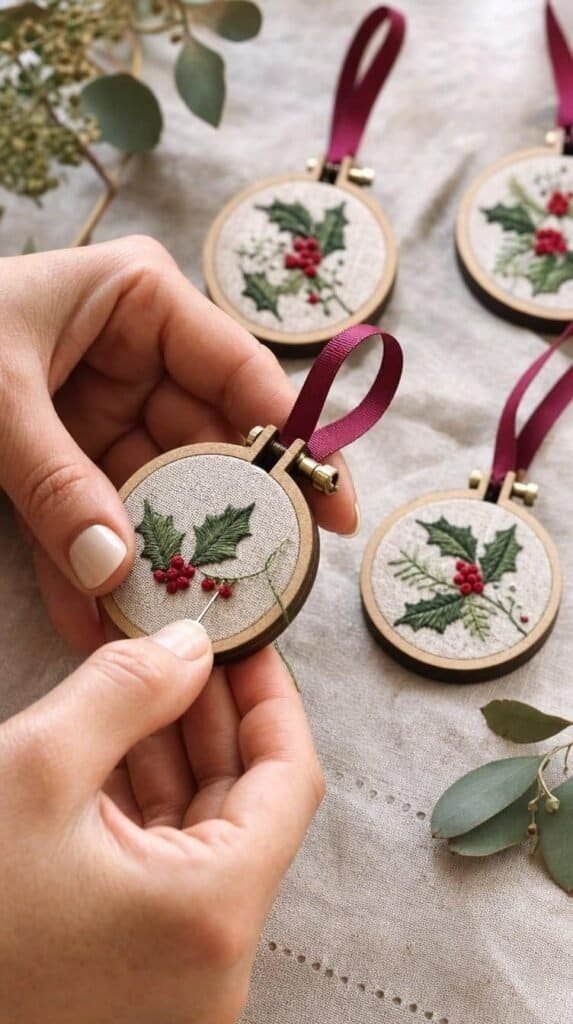 Hands stitching a tiny holly embroidery hoop ornament beside finished mini hoops