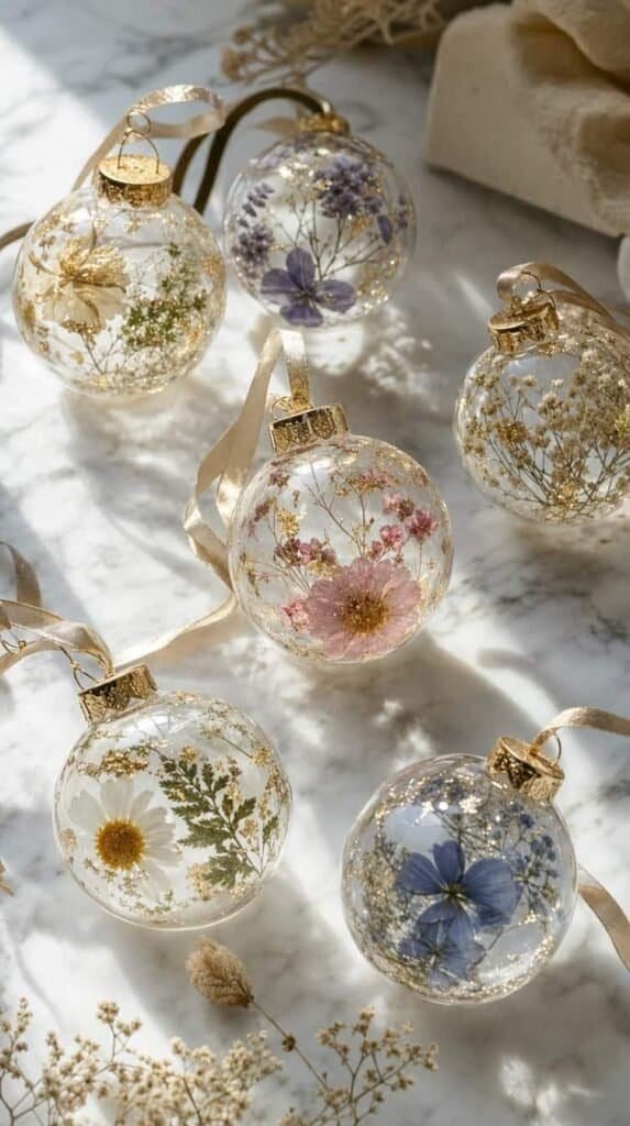 Clear round resin ornaments filled with pressed dried flowers and gold flakes on marble