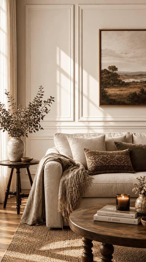 Cozy room finished with soft white picture frame wainscoting and a neutral sofa