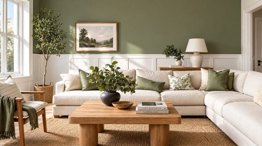 Bright living room with white picture frame wainscoting and sage green upper wall
