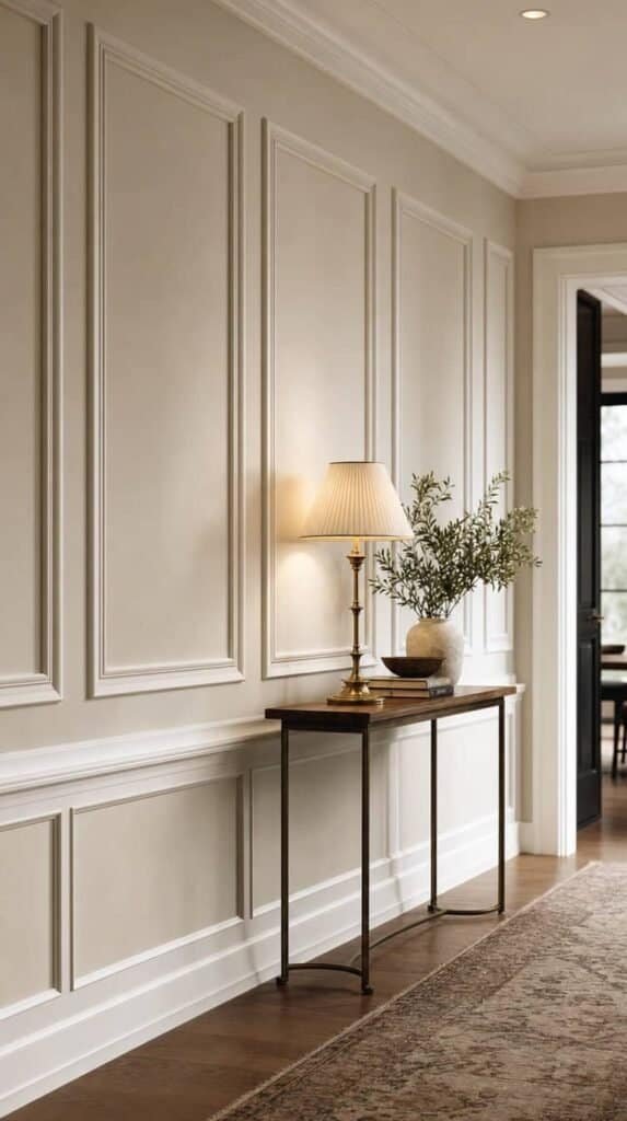 Hallway wall with soft white picture frame molding rectangles and a brass lamp