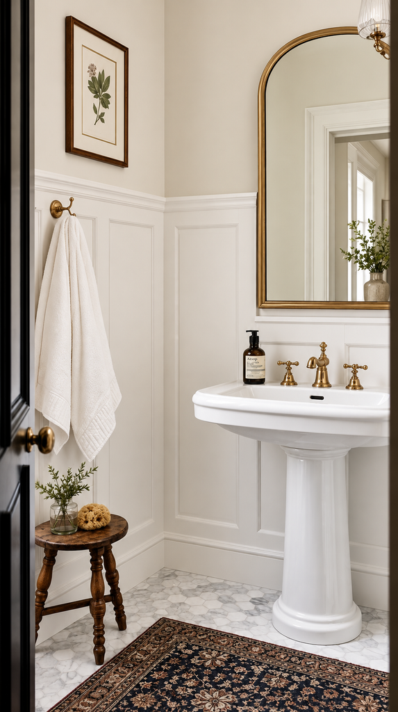 Small bathroom with white paneled wainscoting, brass mirror, and a pedestal sink