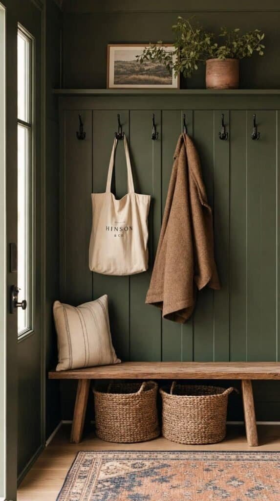 Green board and batten entryway with black hooks, a coat, and a slim bench