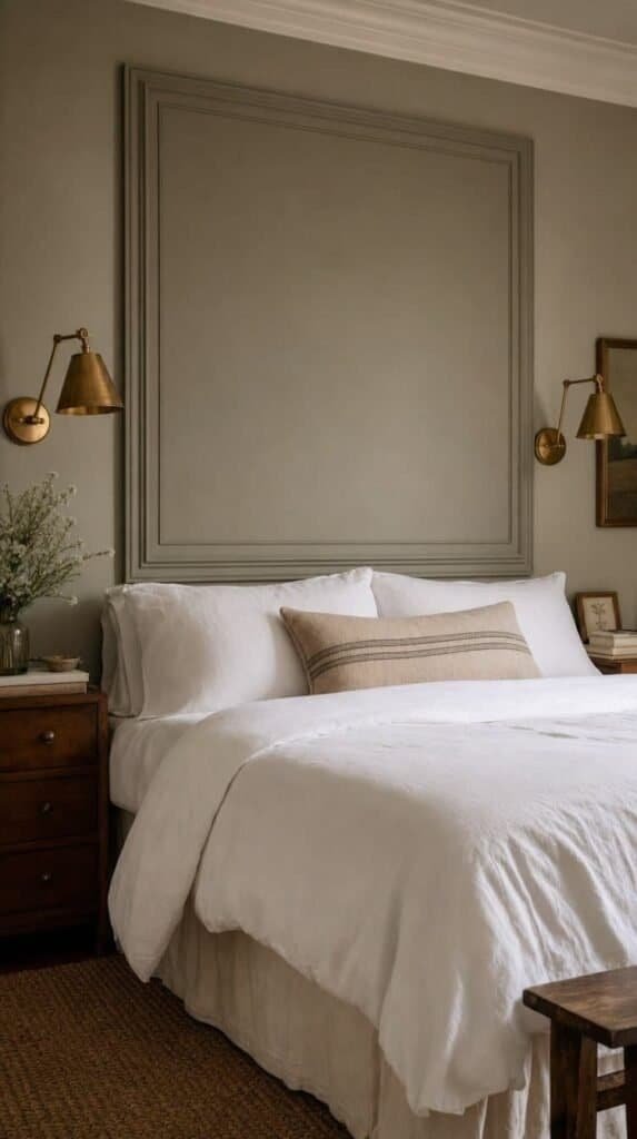 Bedroom with a large molding frame behind the bed acting as a headboard