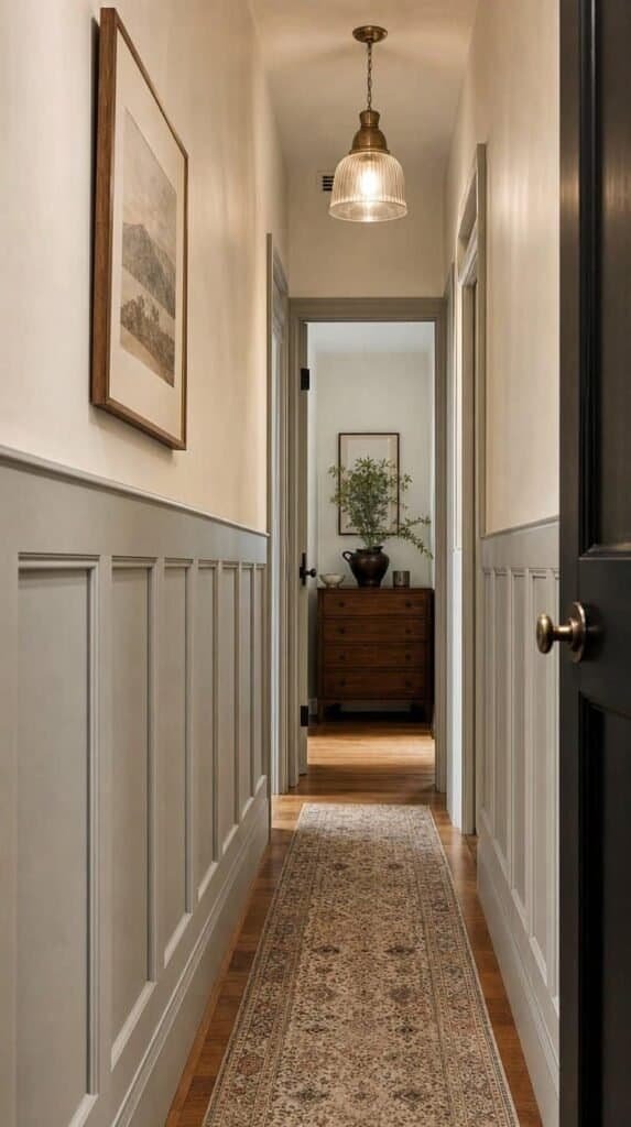 Narrow hallway with soft gray hip-height wainscoting panels and a runner rug