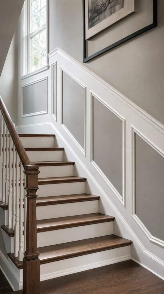 Staircase wall with angled white wainscoting frames and soft gray inner panels