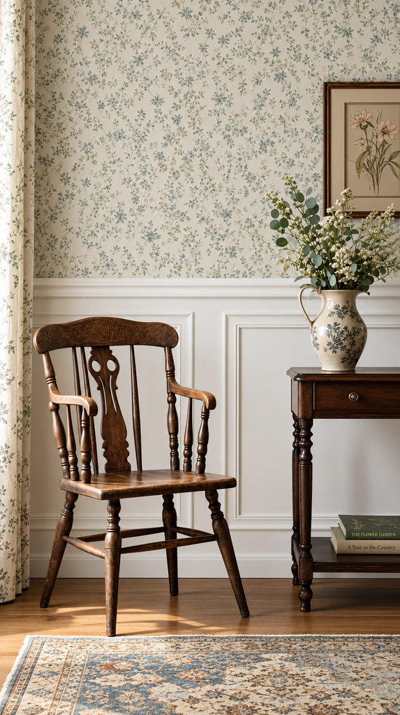 White paneled wainscoting below a small-scale floral wallpaper with a vintage chair