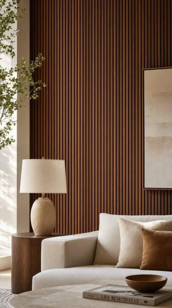 Walnut slat wall panels behind a cream sofa with a ceramic lamp