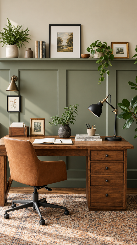 Home office wall with sage wainscoting, a picture ledge, plants, and a wooden desk