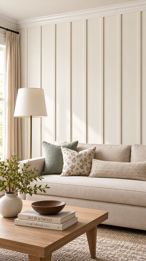 Living room with warm white board and batten wall reaching the ceiling