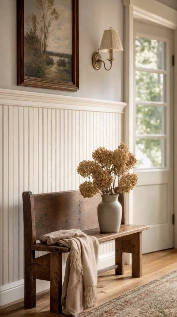 Cottage room with white beadboard wainscoting, chair rail cap, and wooden bench