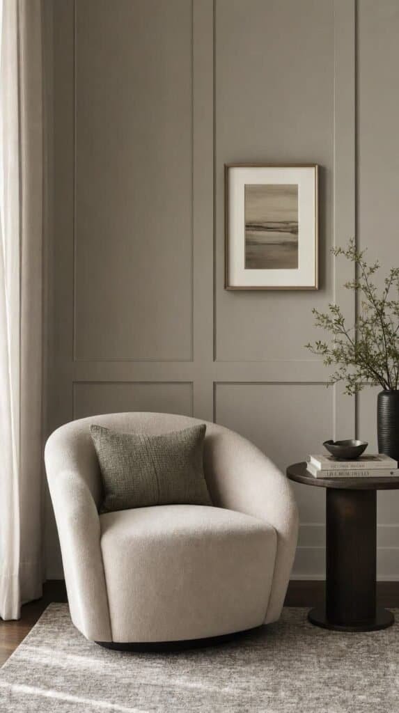 Greige Shaker style wall panels with a modern accent chair and round side table