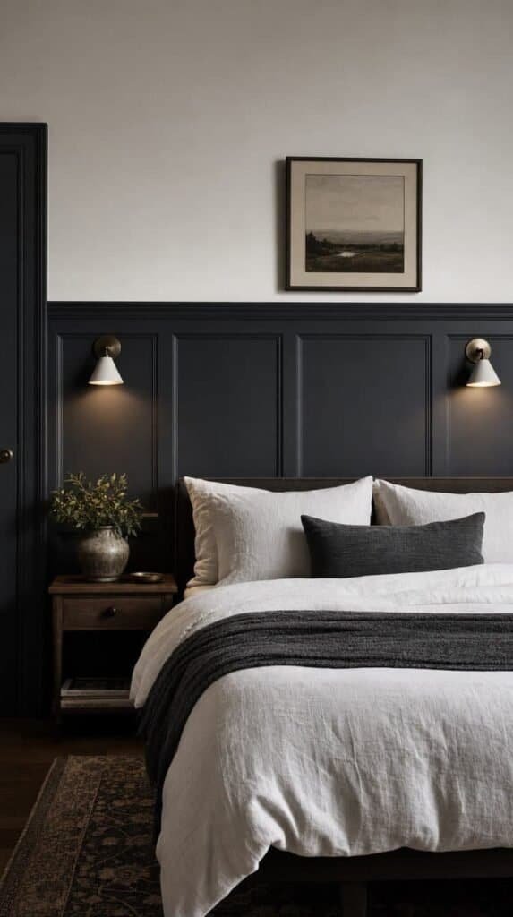 Moody bedroom with charcoal wainscoting panels, white linen bed, and small sconces
