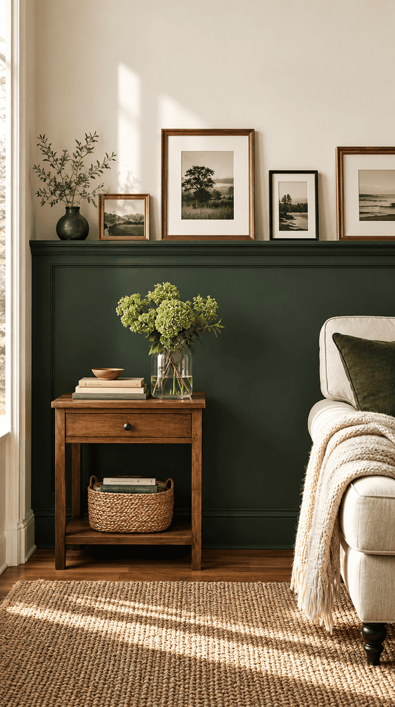 Two-tone wall with deep green lower half, cream upper half, and a painted ledge