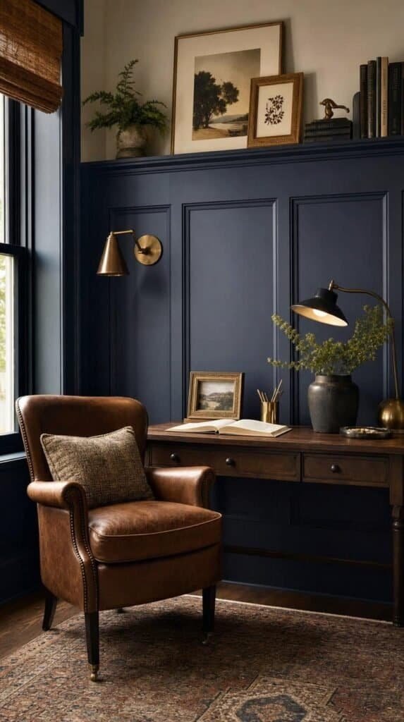 Study corner with deep navy three-quarter height wall panels and a slim shelf