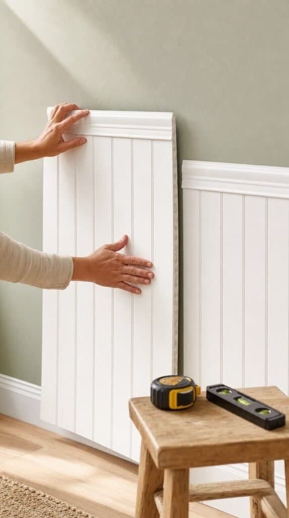 Hands pressing a white peel and stick wainscoting panel onto an apartment wall
