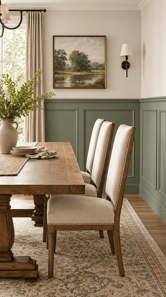 Dining room with muted sage wainscoting at chair rail height behind a wooden table