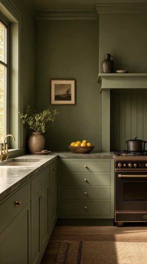 Finished monochrome sage green kitchen with a wooden bowl of lemons on the counter