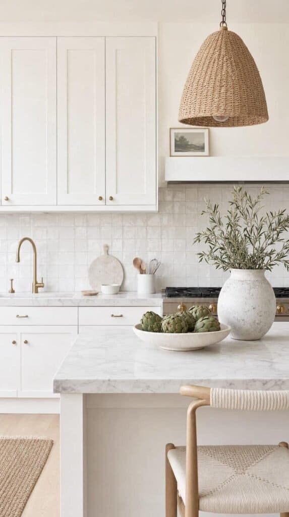 All-white kitchen with matte cabinets, tile backsplash, and woven pendant light